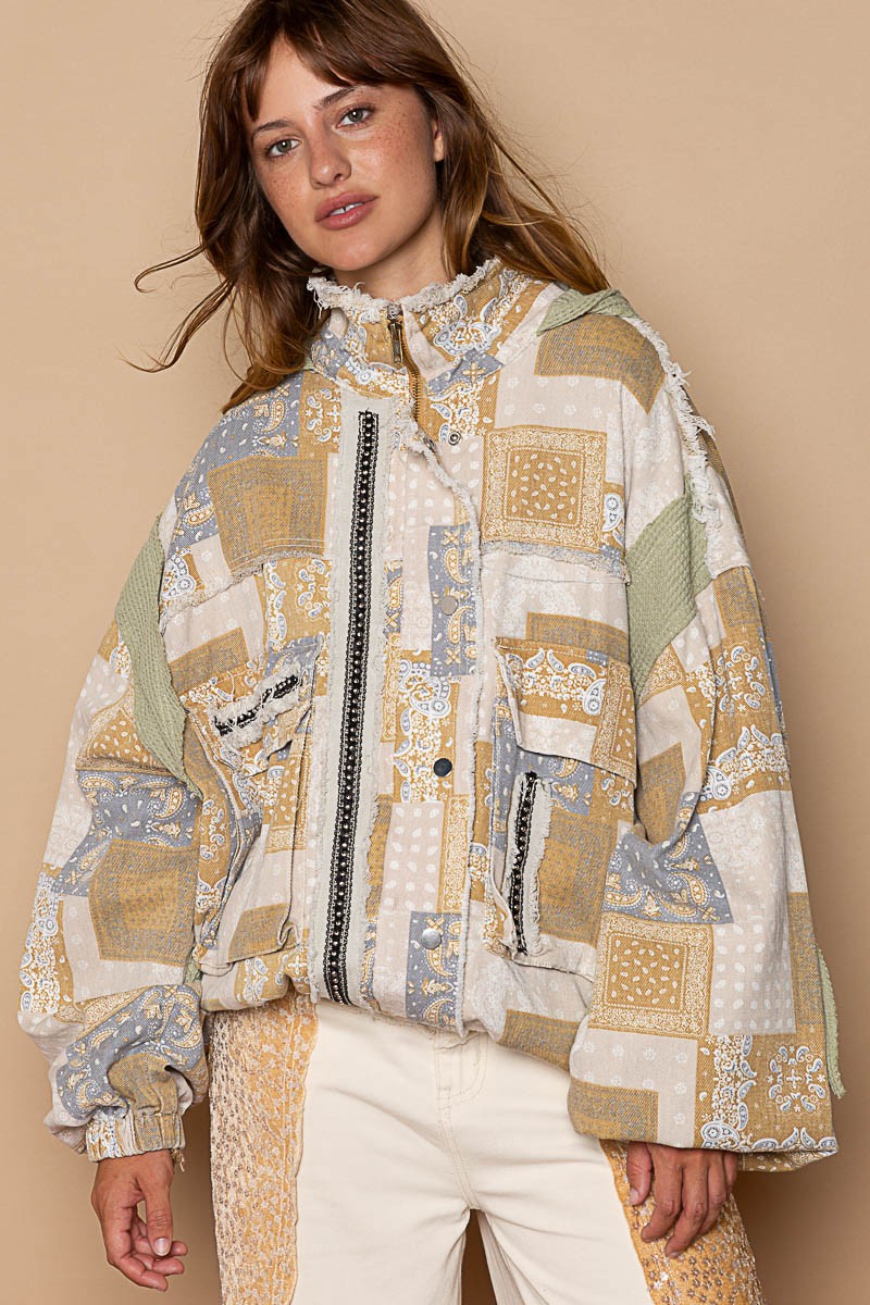 POL Zipper Thermal Hooded Long Sleeves High Neck Paisley Print Jacket