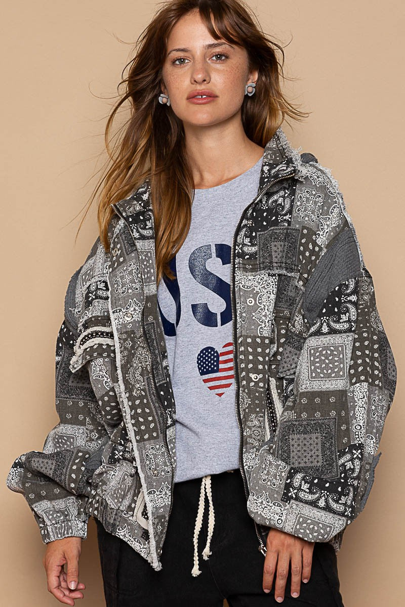 POL Zipper Thermal Hooded Long Sleeves High Neck Paisley Print Jacket - Roulhac Fashion Boutique