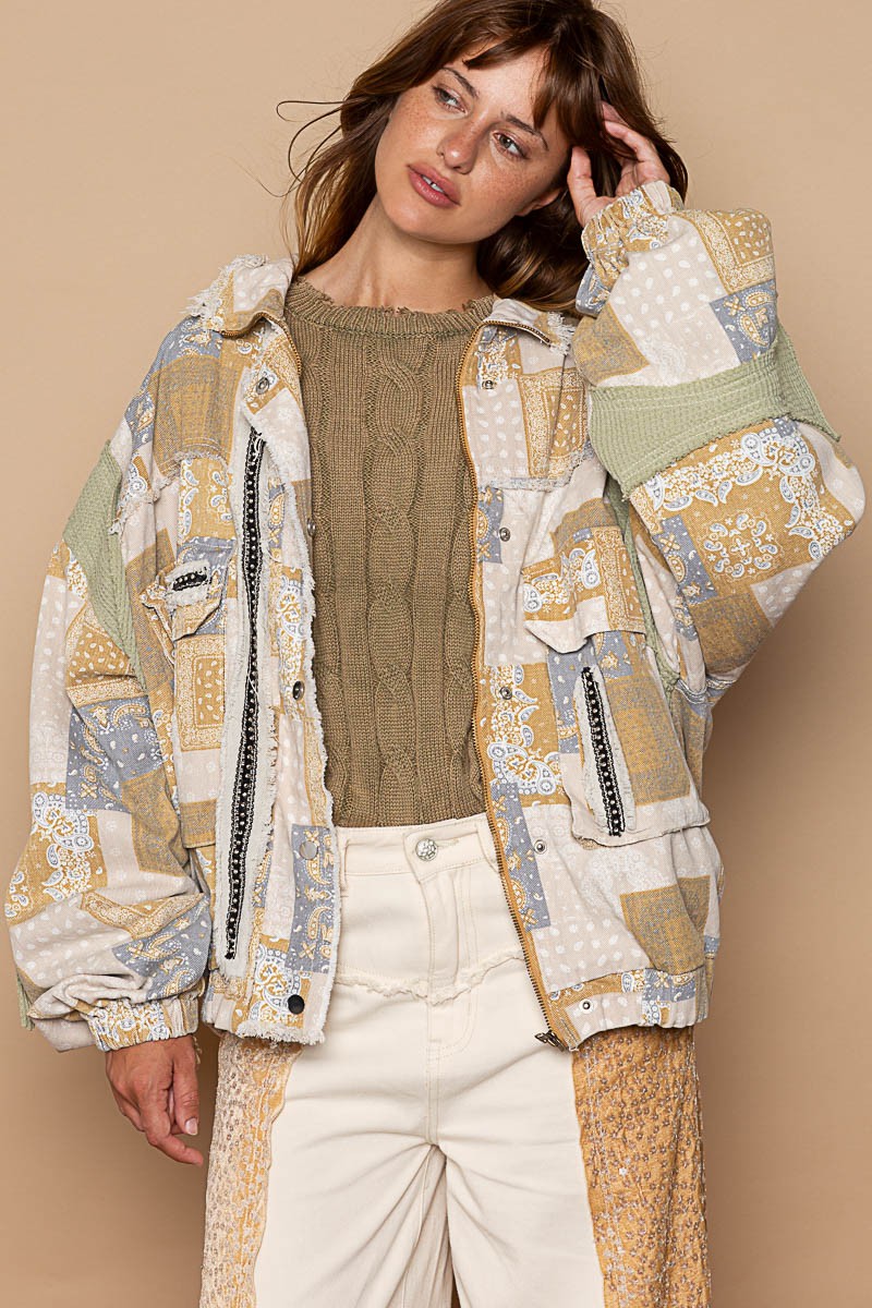 POL Zipper Thermal Hooded Long Sleeves High Neck Paisley Print Jacket