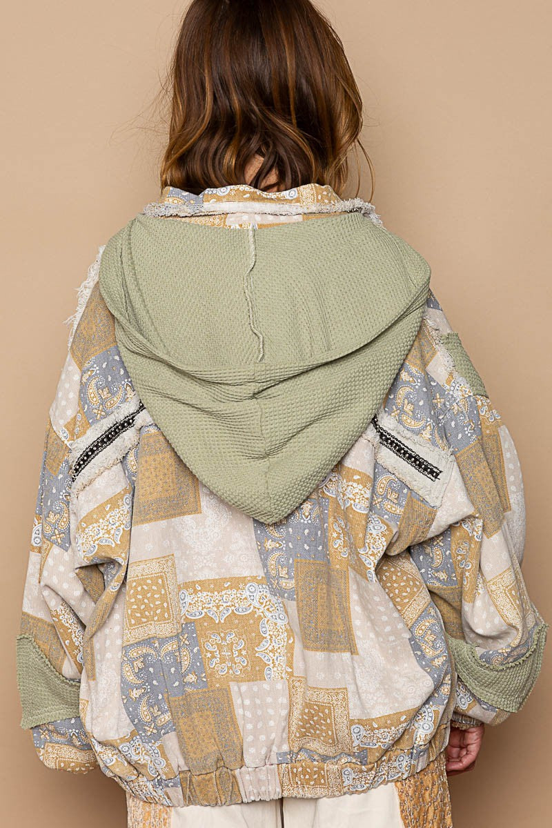 POL Zipper Thermal Hooded Long Sleeves High Neck Paisley Print Jacket