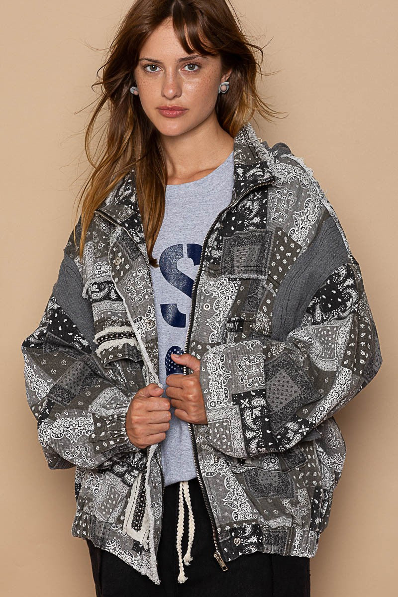 POL Zipper Thermal Hooded Long Sleeves High Neck Paisley Print Jacket - Roulhac Fashion Boutique