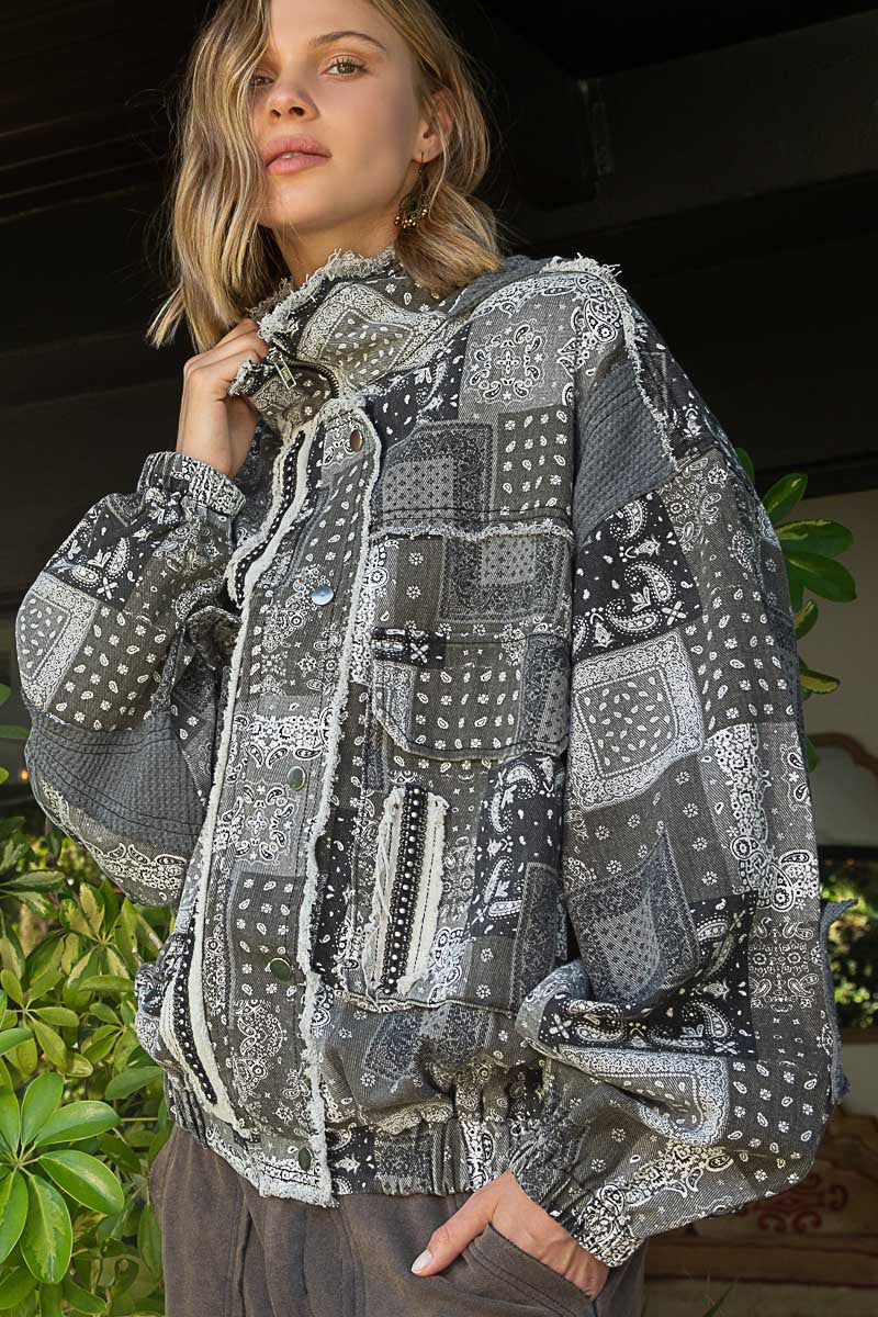 POL Zipper Thermal Hooded Long Sleeves High Neck Paisley Print Jacket - Roulhac Fashion Boutique