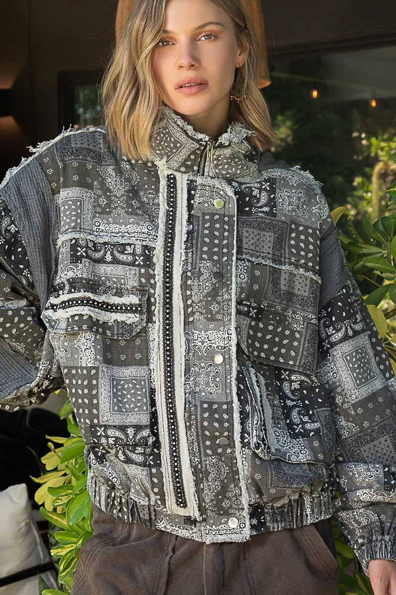 POL Zipper Thermal Hooded Long Sleeves High Neck Paisley Print Jacket - Roulhac Fashion Boutique