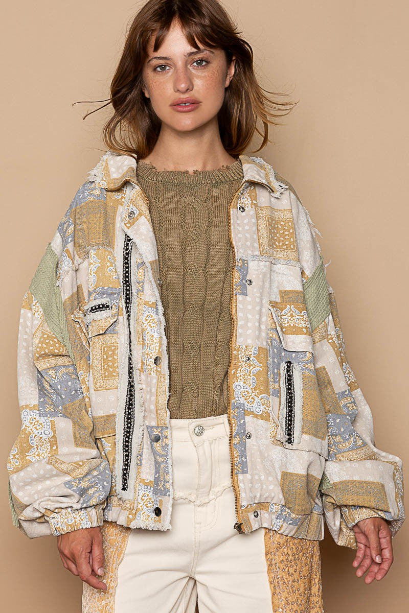 POL Zipper Thermal Hooded Long Sleeves High Neck Paisley Print Jacket