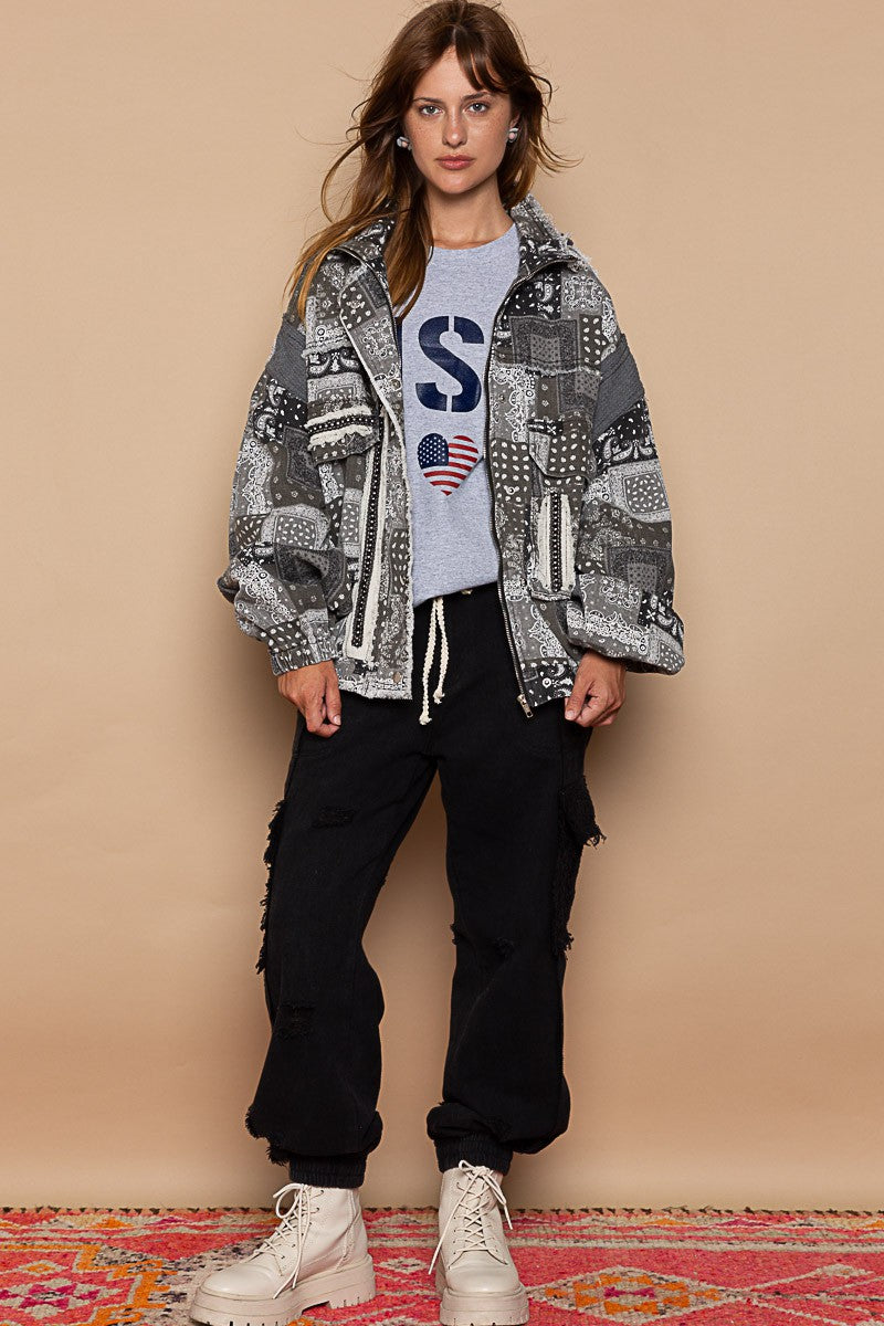 POL Zipper Thermal Hooded Long Sleeves High Neck Paisley Print Jacket