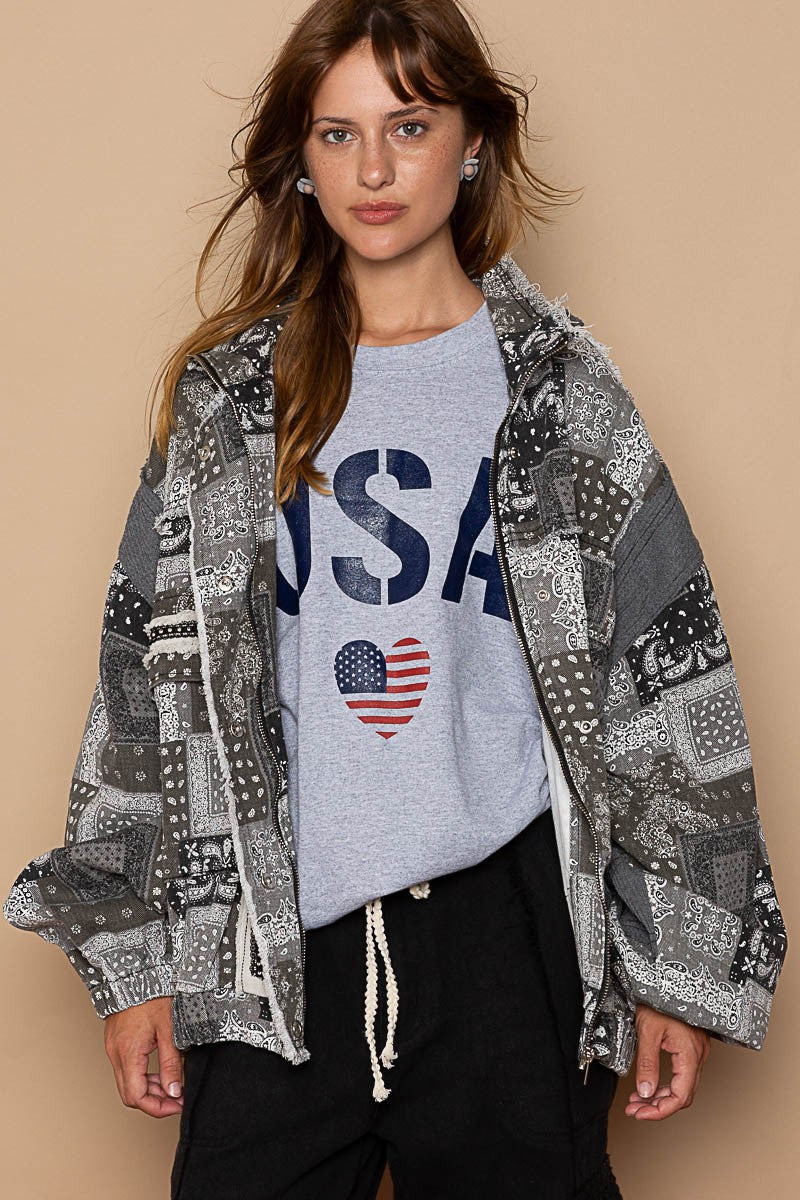 POL Zipper Thermal Hooded Long Sleeves High Neck Paisley Print Jacket - Roulhac Fashion Boutique