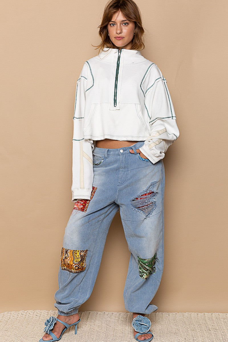 POL High Neck Zipper Front Long Sleeve Crop Top