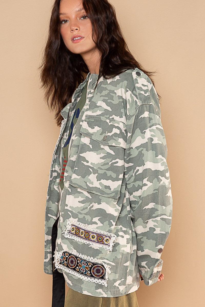 POL High Neck Zippered Utility Pockets Collar Military Jacket