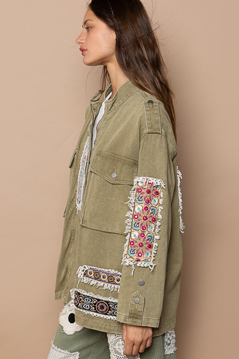 POL High Neck Zippered Utility Pockets Collar Military Jacket