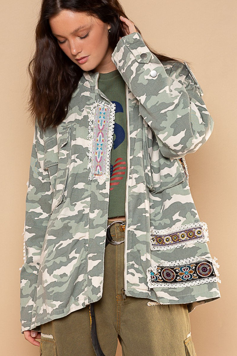 POL High Neck Zippered Utility Pockets Collar Military Jacket