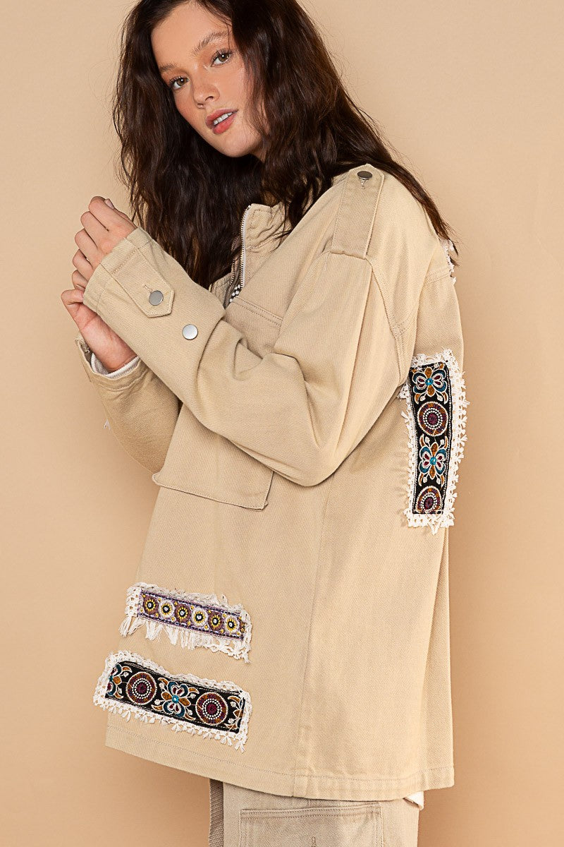 POL High Neck Zippered Utility Pockets Collar Military Jacket