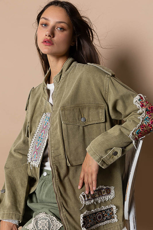 POL High Neck Zippered Utility Pockets Collar Military Jacket