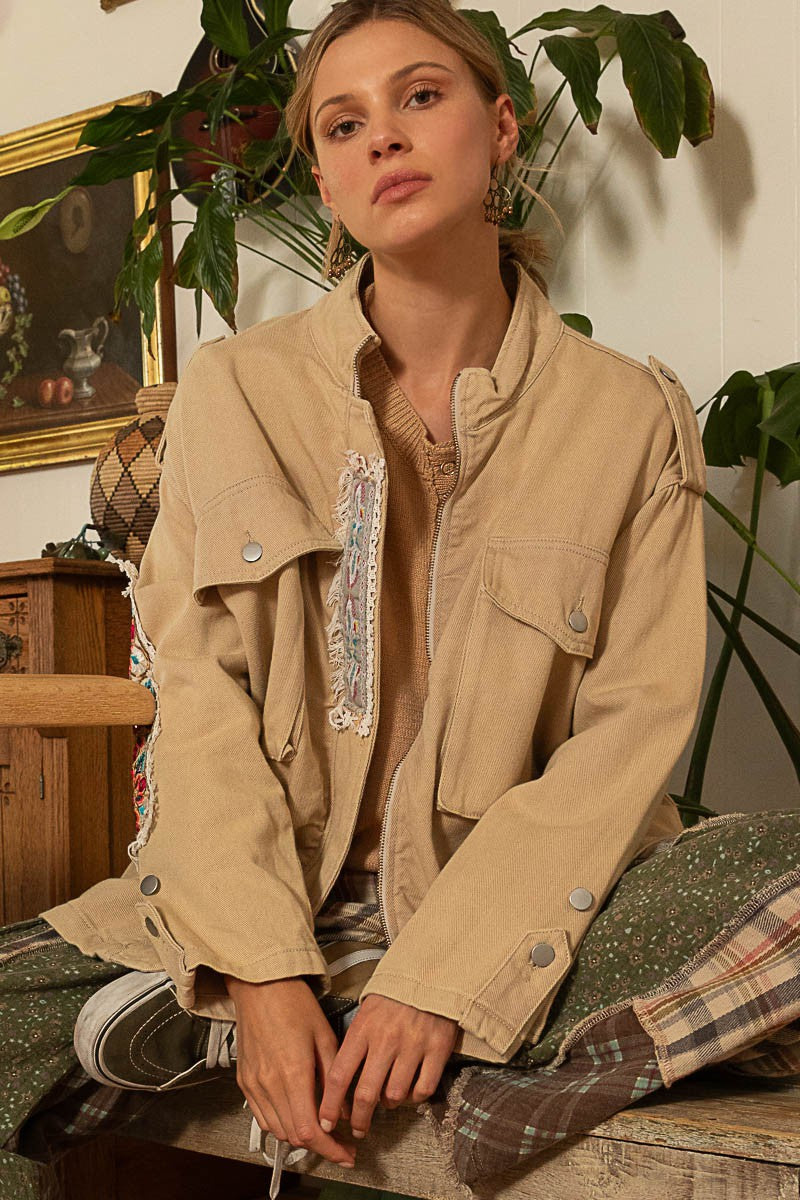 POL High Neck Zippered Utility Pockets Collar Military Jacket