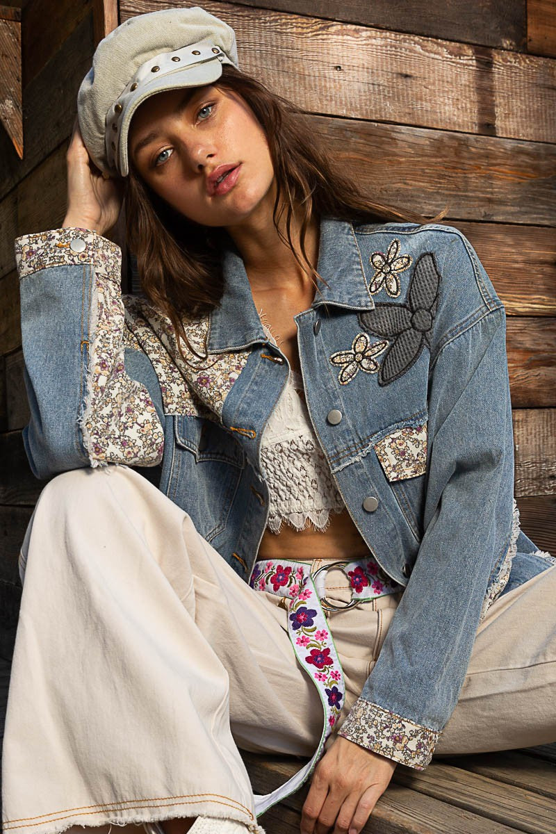 POL Lace Floral Patch Work Button Down Collared Denim Jacket - Roulhac Fashion Boutique