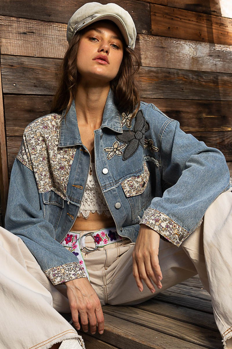POL Lace Floral Patch Work Button Down Collared Denim Jacket - Roulhac Fashion Boutique