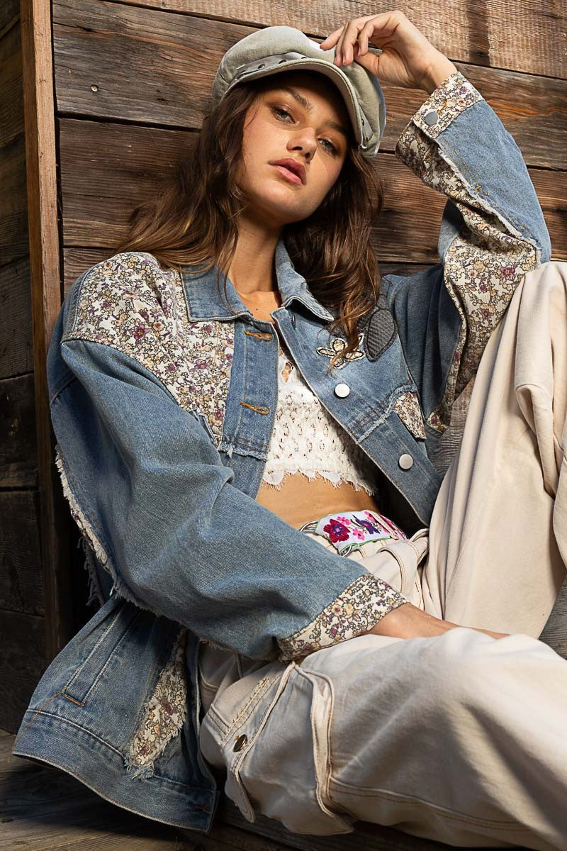 POL Lace Floral Patch Work Button Down Collared Denim Jacket - Roulhac Fashion Boutique
