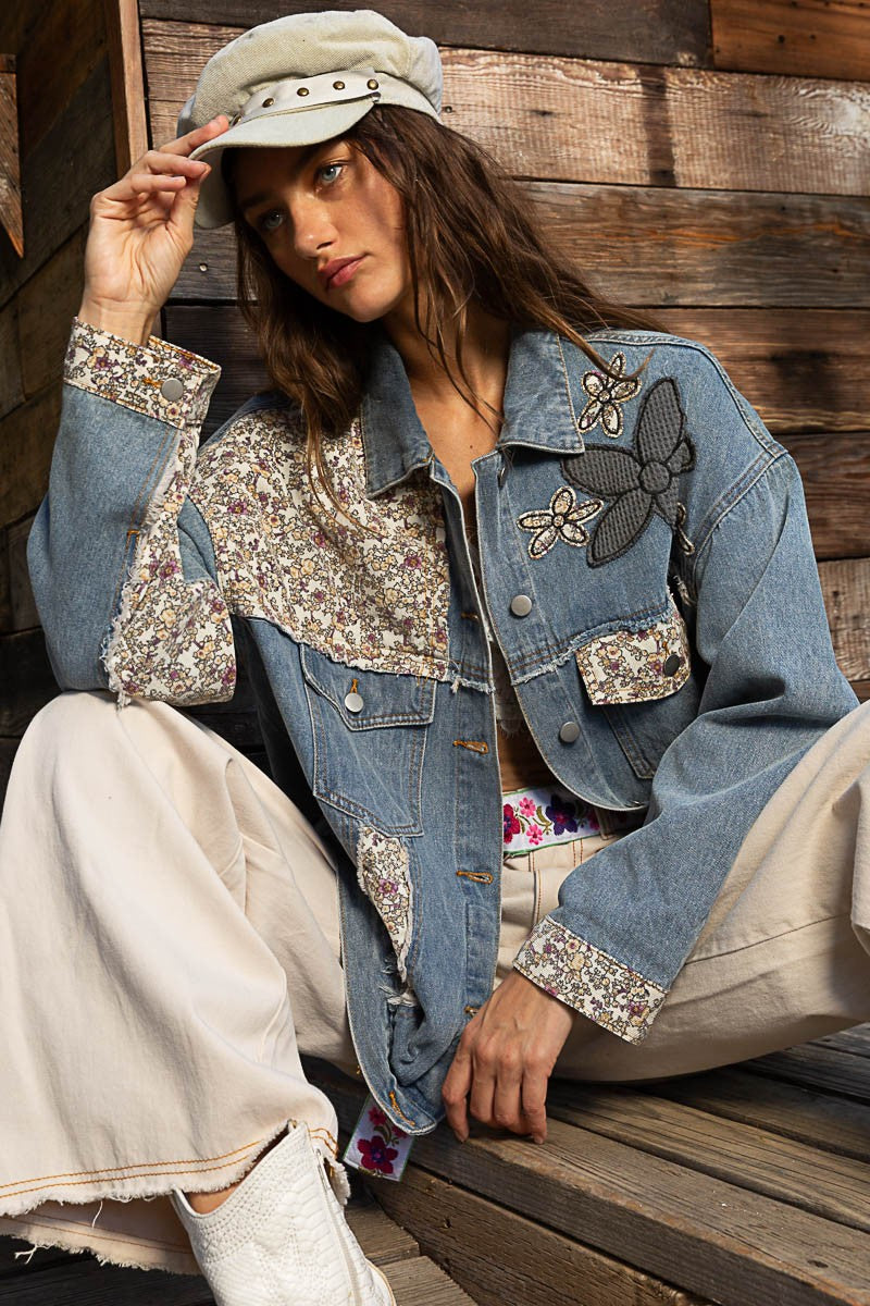 POL Lace Floral Patch Work Button Down Collared Denim Jacket - Roulhac Fashion Boutique