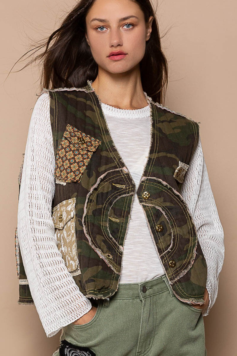 POL Quilt Twill Camo Print With Patch Detail Vest Jacket - Roulhac Fashion Boutique