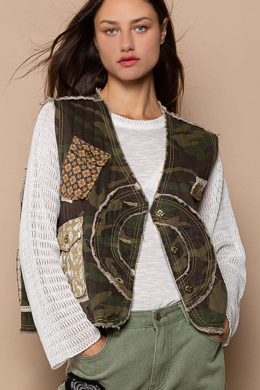 POL Quilt Twill Camo Print With Patch Detail Vest Jacket - Roulhac Fashion Boutique