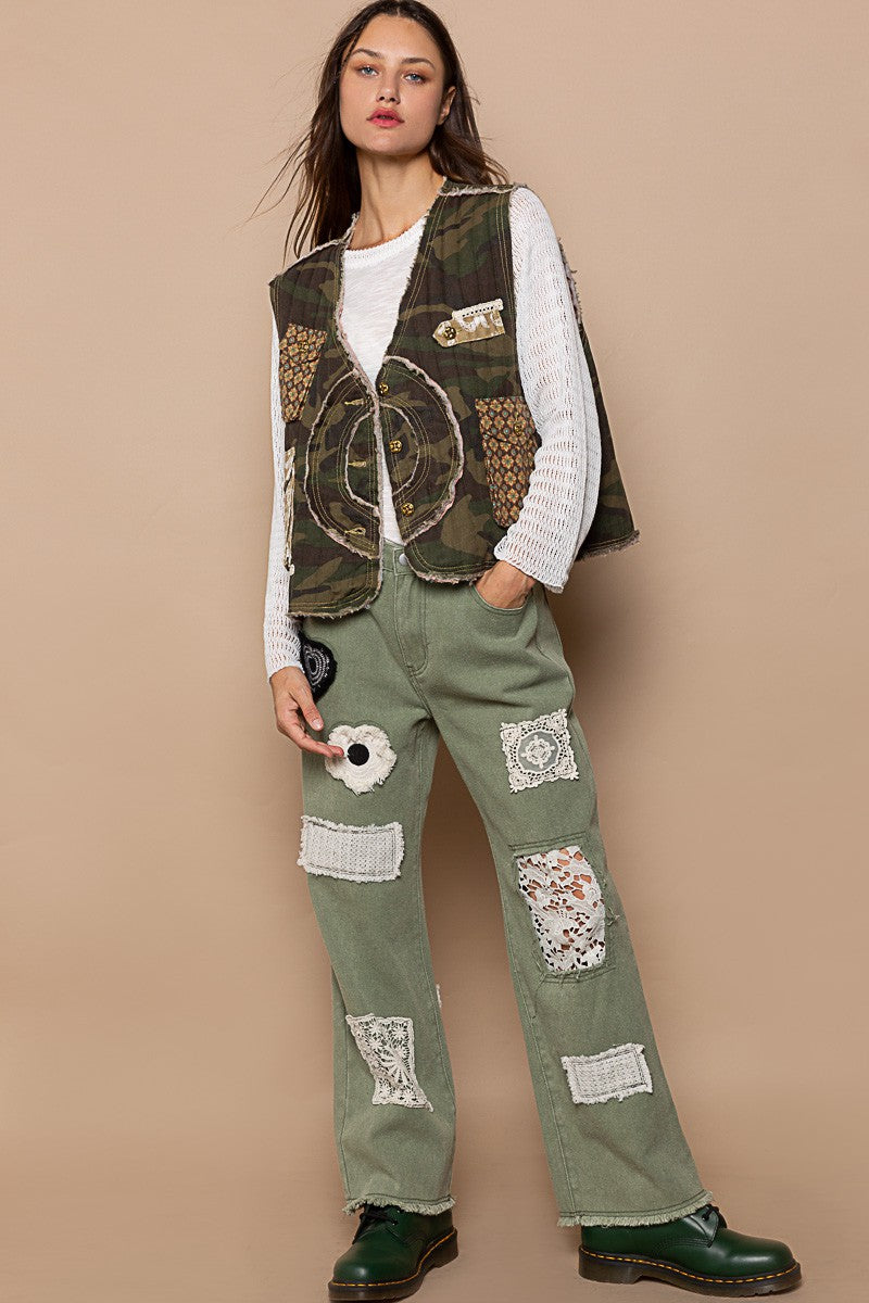 POL Quilt Twill Camo Print With Patch Detail Vest Jacket - Roulhac Fashion Boutique
