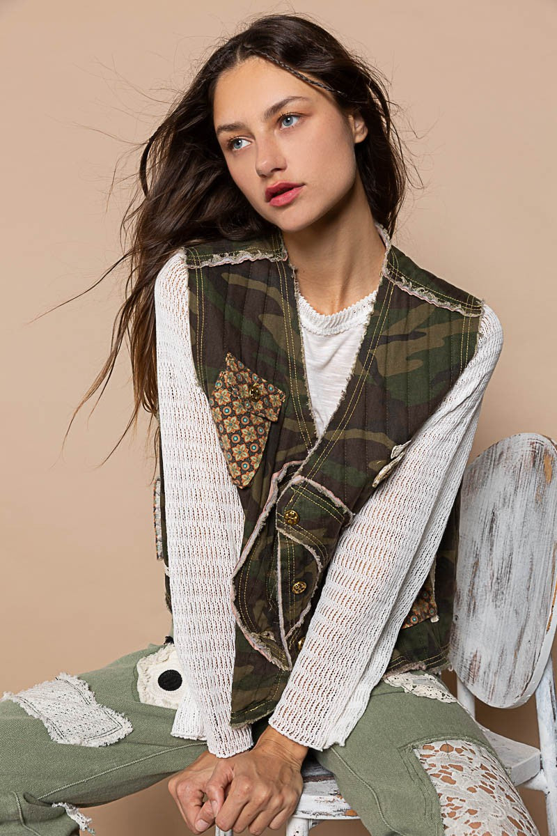 POL Quilt Twill Camo Print With Patch Detail Vest Jacket - Roulhac Fashion Boutique