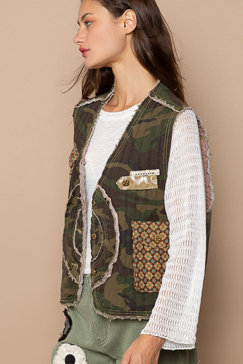 POL Quilt Twill Camo Print With Patch Detail Vest Jacket - Roulhac Fashion Boutique
