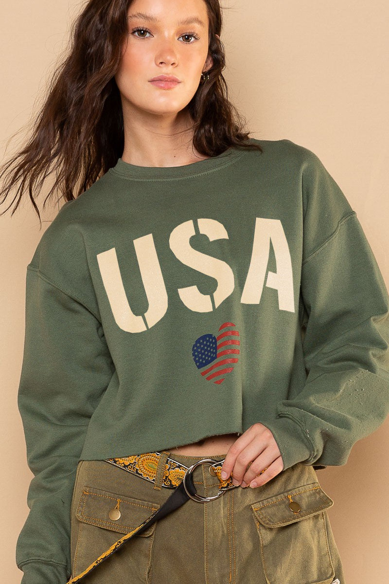 POL Patriotic Usa Print Crew Neck Cropped Sweatshirt Top