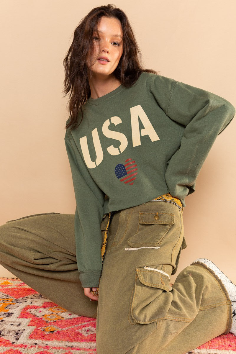 POL Patriotic Usa Print Crew Neck Cropped Sweatshirt Top