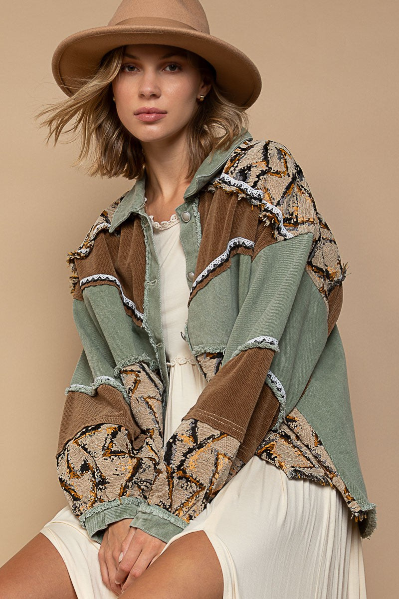 POL Button Down Color Block Contrast Print Shacket Jacket - Roulhac Fashion Boutique