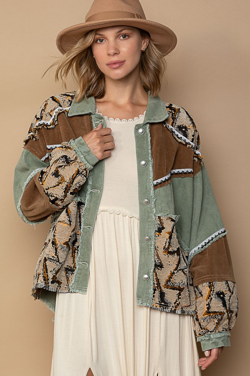 POL Button Down Color Block Contrast Print Shacket Jacket - Roulhac Fashion Boutique