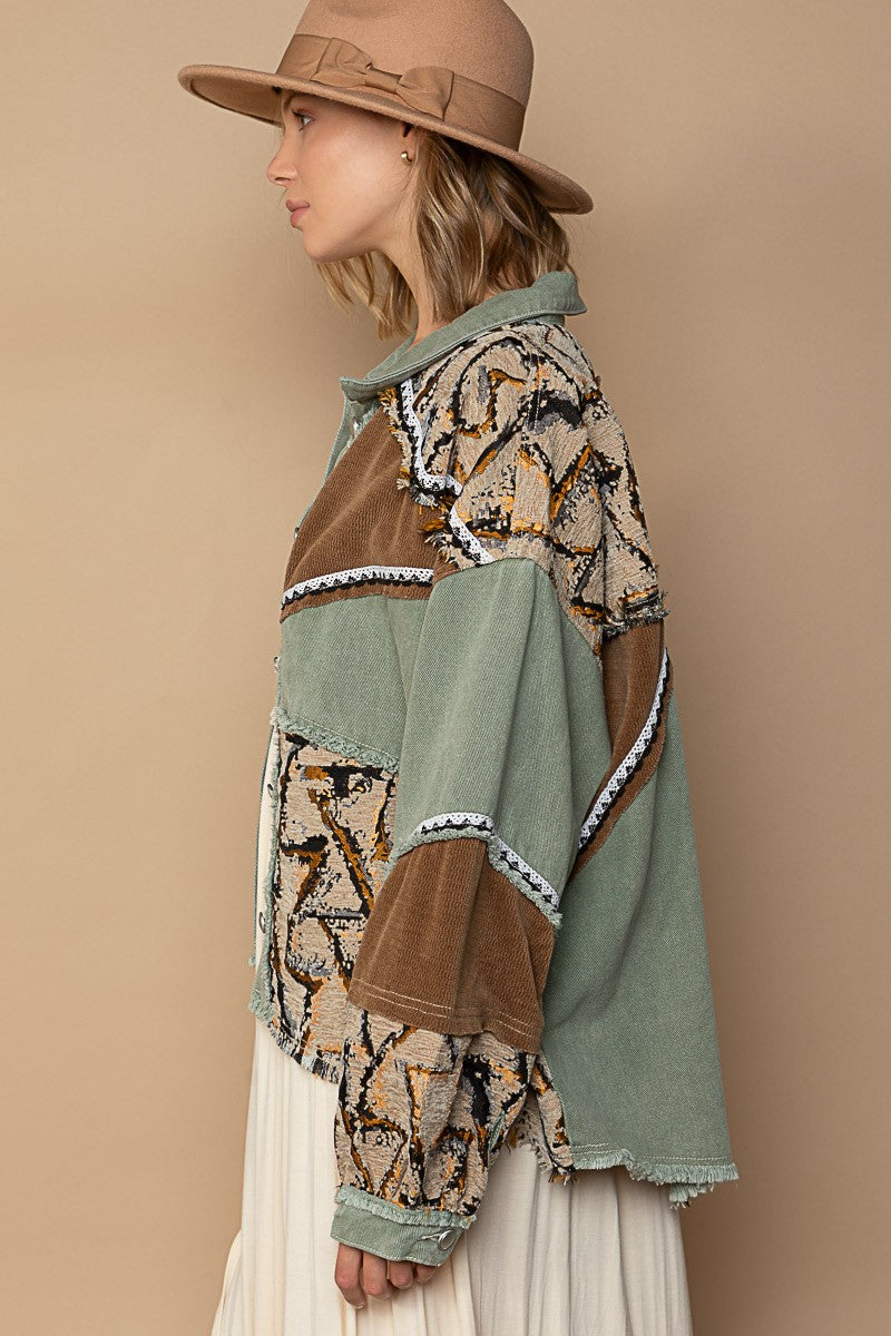 POL Button Down Color Block Contrast Print Shacket Jacket - Roulhac Fashion Boutique