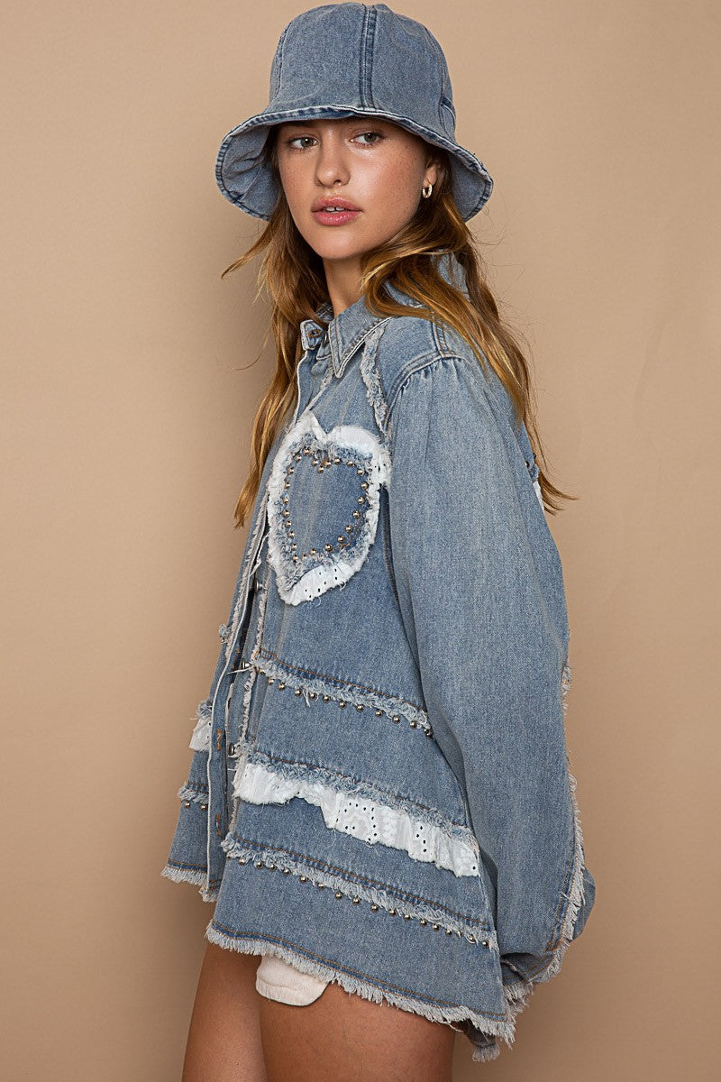 POL Heart Shaped Ruffle Trim Long Sleeve Denim Jacket - Roulhac Fashion Boutique