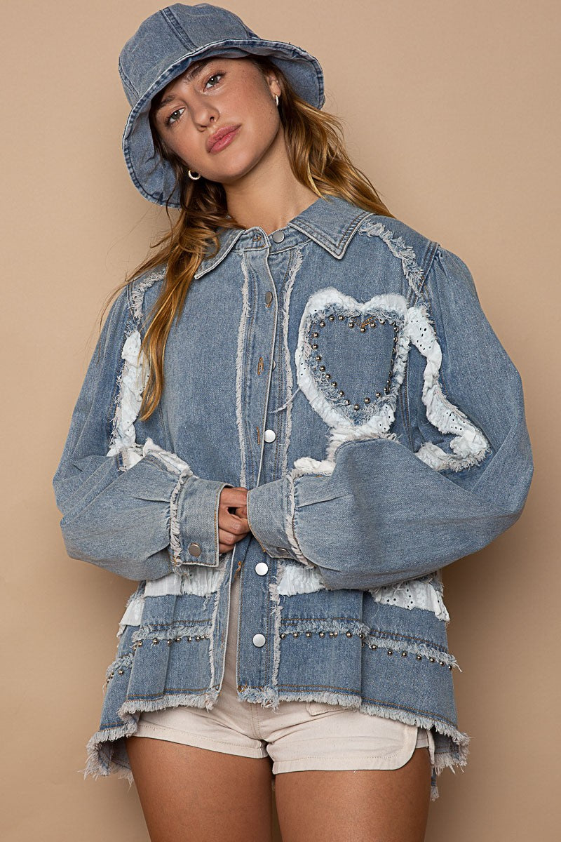 POL Heart Shaped Ruffle Trim Long Sleeve Denim Jacket - Roulhac Fashion Boutique