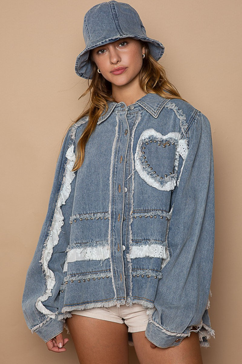 POL Heart Shaped Ruffle Trim Long Sleeve Denim Jacket - Roulhac Fashion Boutique