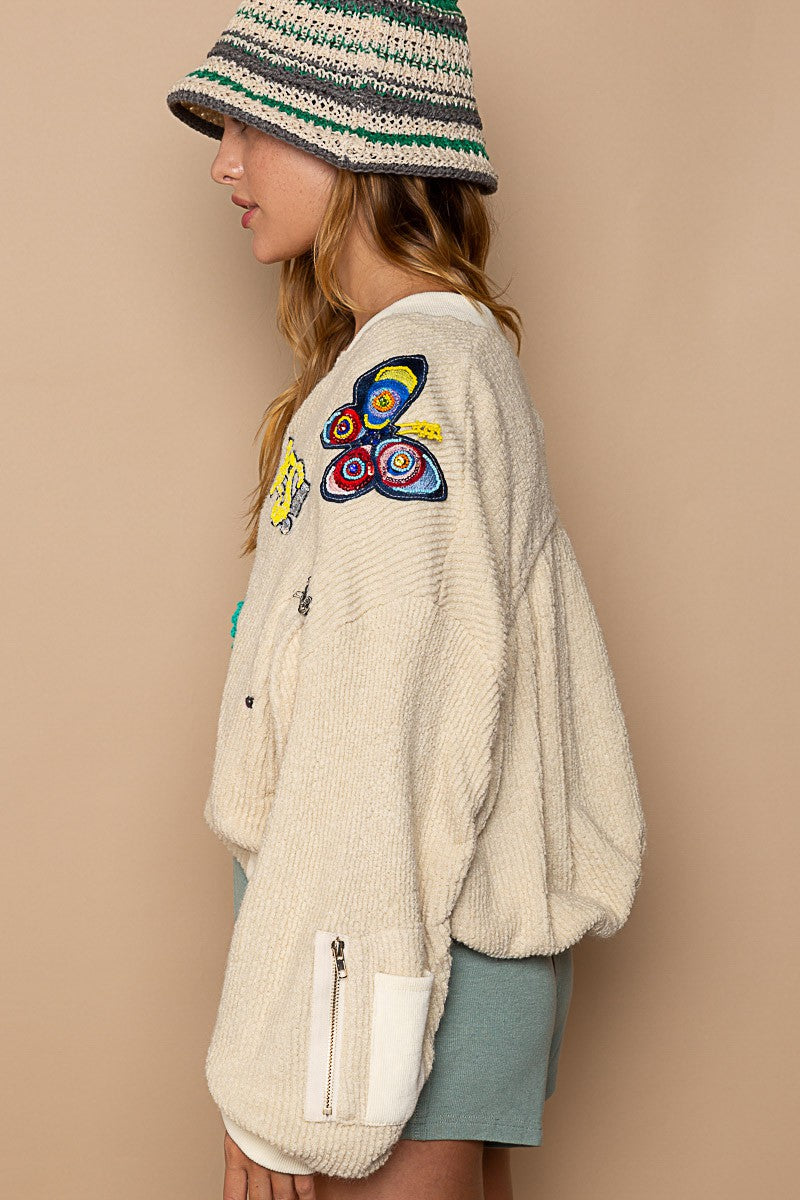 POL Patch Embellishment Ruched Sleeve Sweater Cropped Fit Jacket - Roulhac Fashion Boutique