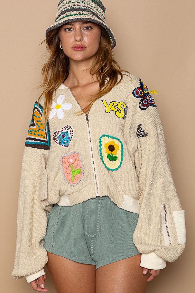 POL Patch Embellishment Ruched Sleeve Sweater Cropped Fit Jacket - Roulhac Fashion Boutique