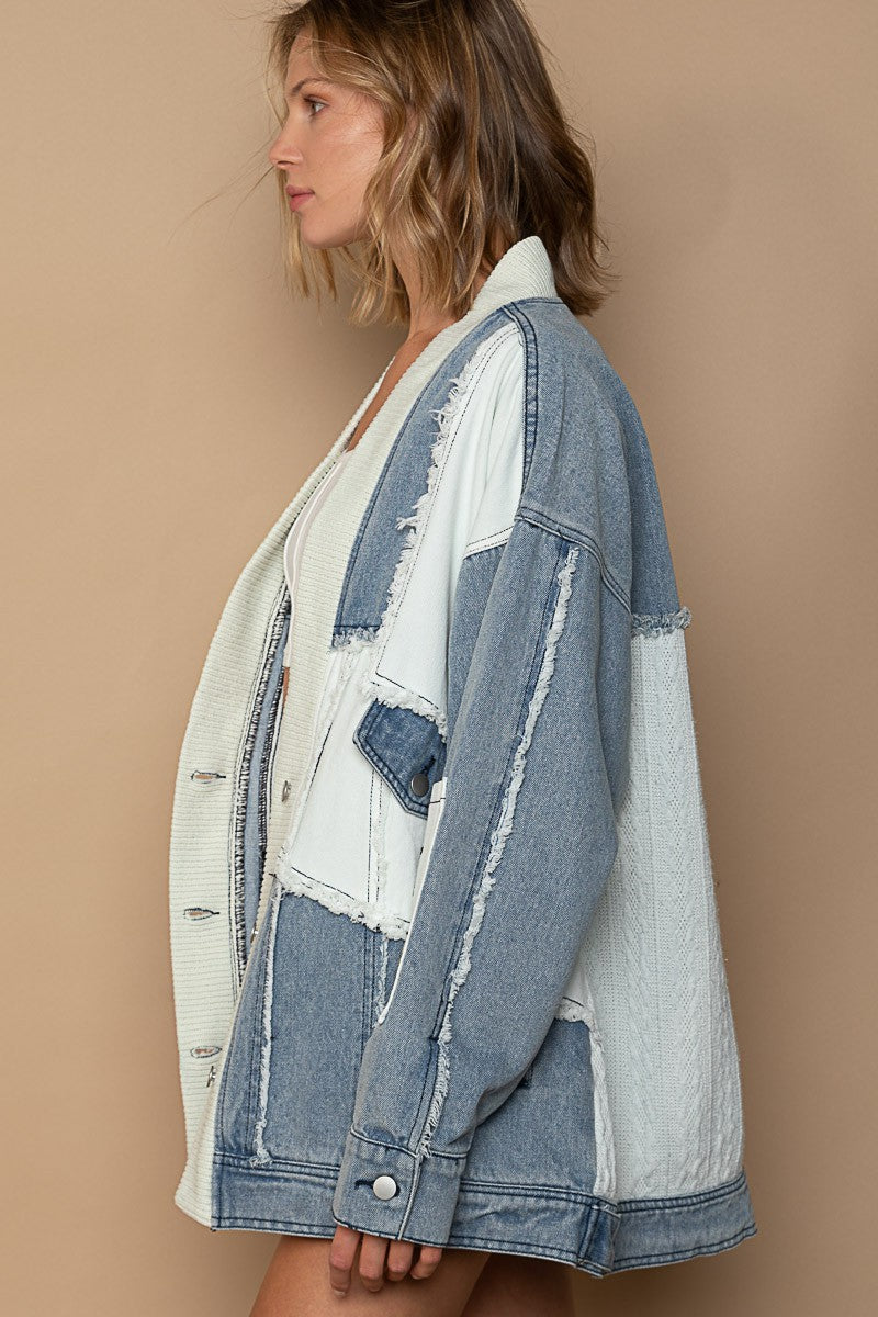 POL Button Down Placket Chest Pockets V-Neck Long Sleeves Denim Shacket - Roulhac Fashion Boutique