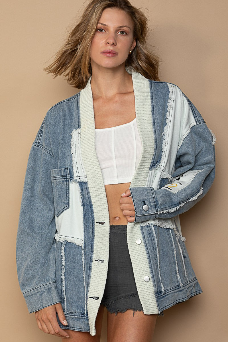 POL Button Down Placket Chest Pockets V-Neck Long Sleeves Denim Shacket - Roulhac Fashion Boutique