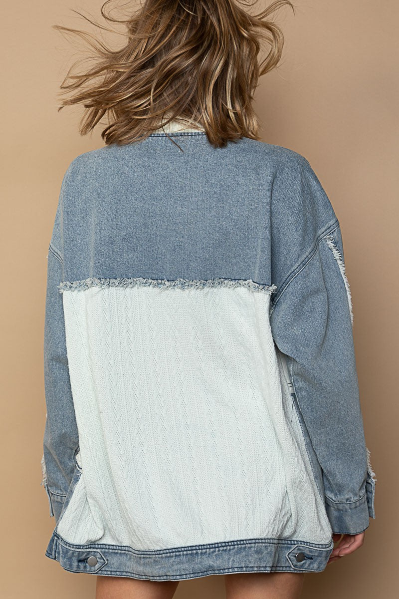 POL Button Down Placket Chest Pockets V-Neck Long Sleeves Denim Shacket - Roulhac Fashion Boutique