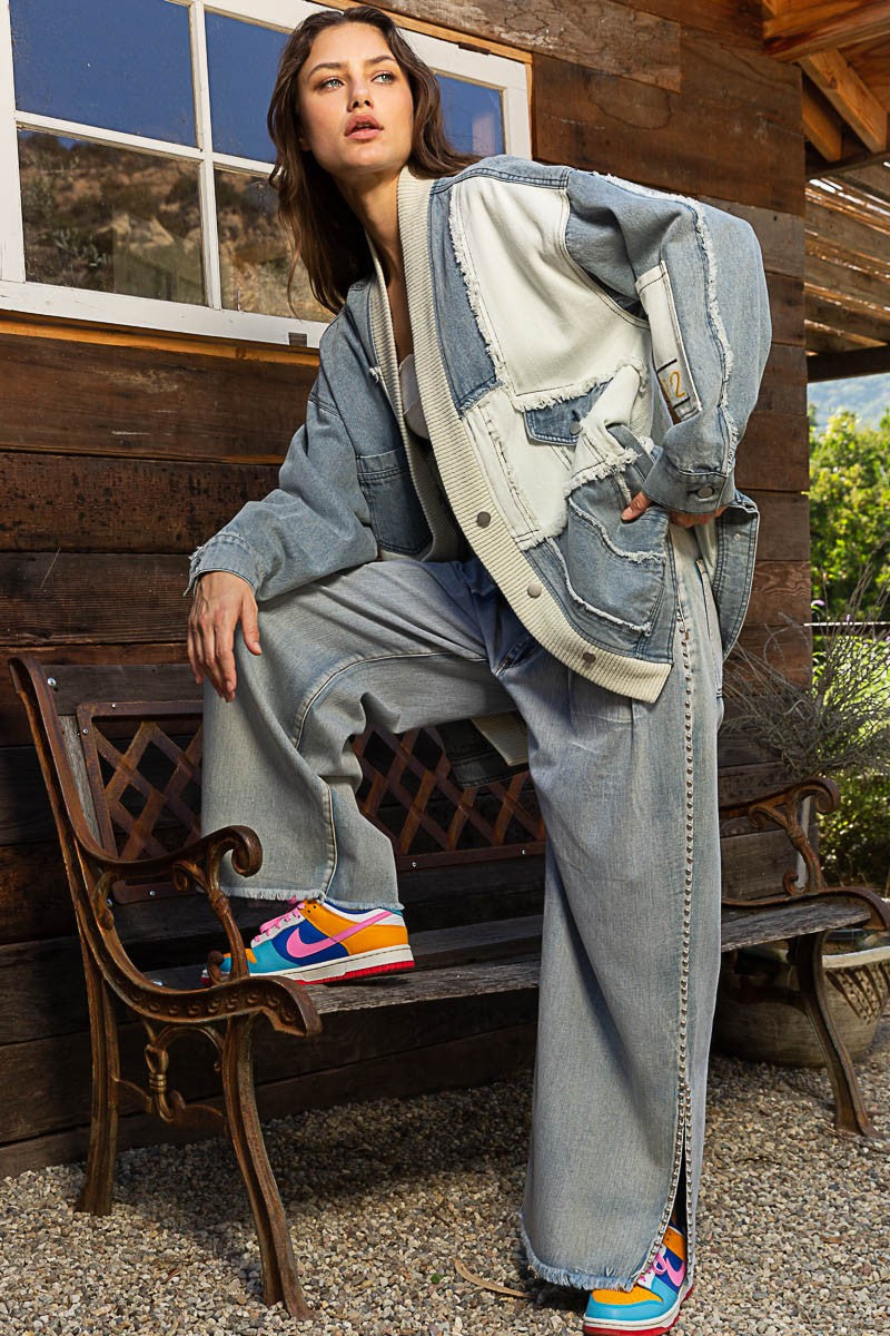 POL Button Down Placket Chest Pockets V-Neck Long Sleeves Denim Shacket - Roulhac Fashion Boutique