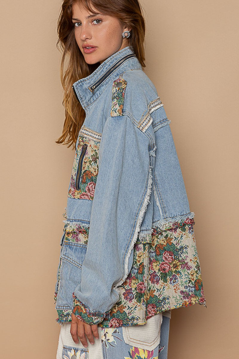 POL High Neck Long Sleeve Front Zipper Closure Denim Jacket - Roulhac Fashion Boutique