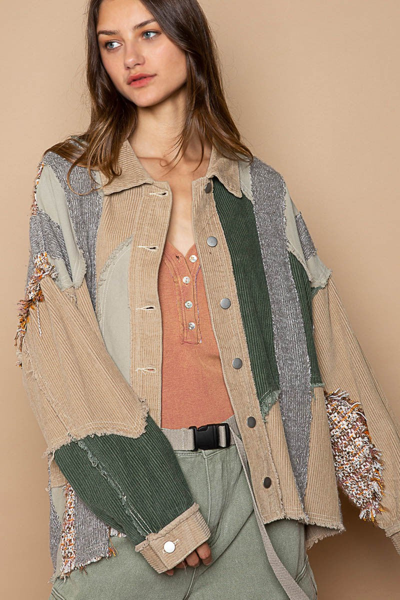 POL Oversized Woven Mixed Frayed Edge Corduroy Frayed Edge Jacket - Roulhac Fashion Boutique