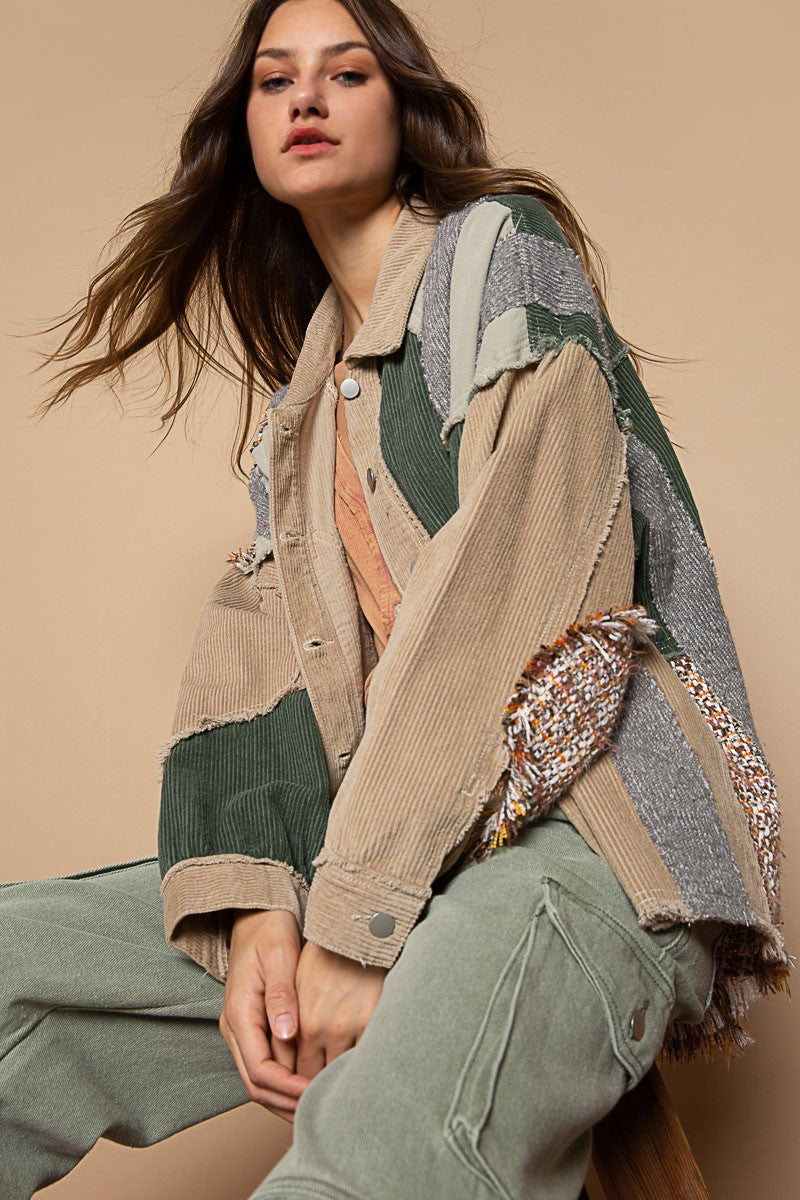 POL Oversized Woven Mixed Frayed Edge Corduroy Frayed Edge Jacket - Roulhac Fashion Boutique