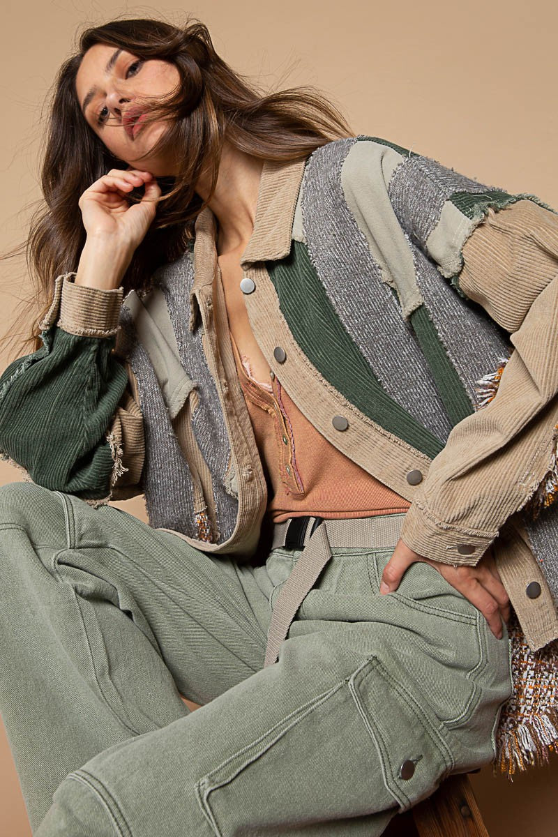 POL Oversized Woven Mixed Frayed Edge Corduroy Frayed Edge Jacket - Roulhac Fashion Boutique