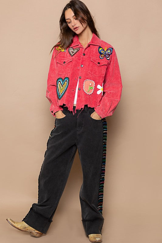 POL Button Down Fun Patch Chest Pocket Corduroy Relaxed Fit Jacket - Roulhac Fashion Boutique