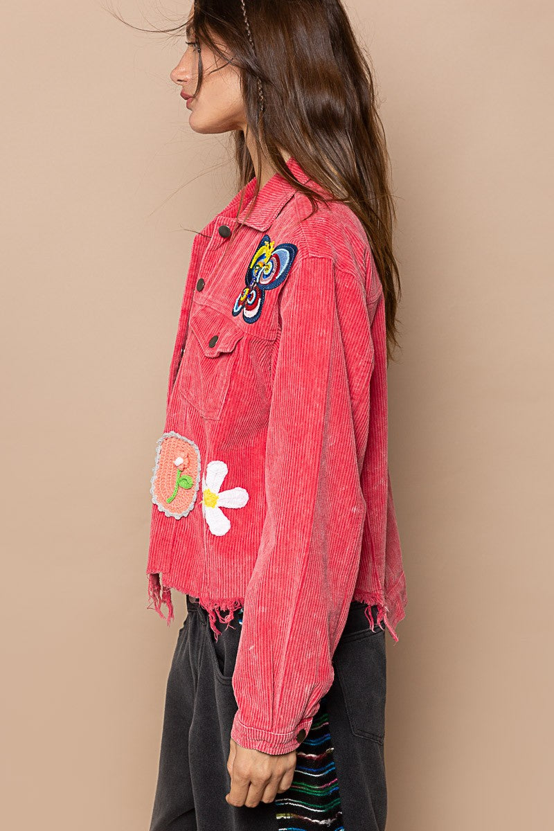 POL Button Down Fun Patch Chest Pocket Corduroy Relaxed Fit Jacket