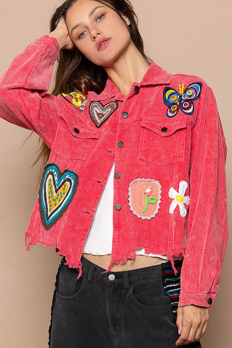 POL Button Down Fun Patch Chest Pocket Corduroy Relaxed Fit Jacket