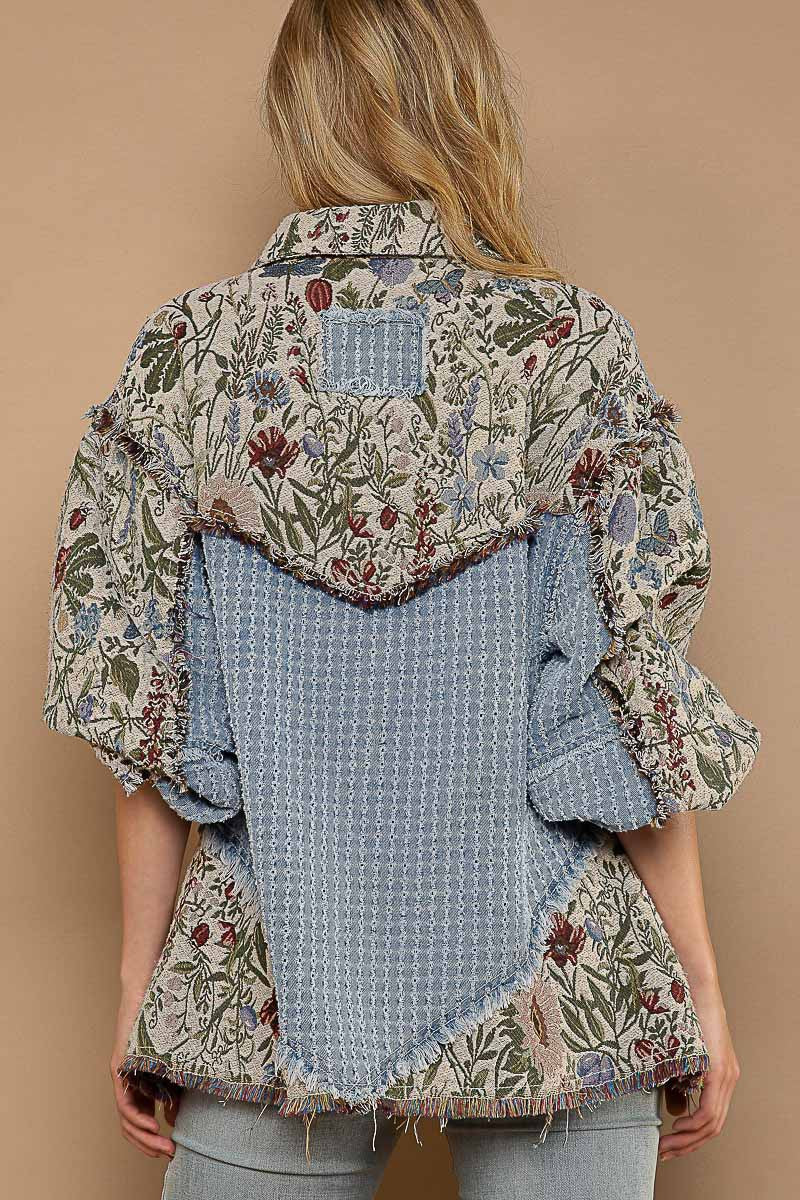 POL Oversize Jacquard Pockets Button Down Frayed Edge Oversized Fit Jacket - Roulhac Fashion Boutique