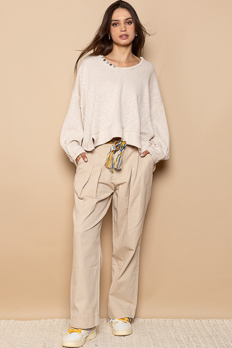 POL Button Detail Scoop Neck Tacked Sleeves Ribbed Top