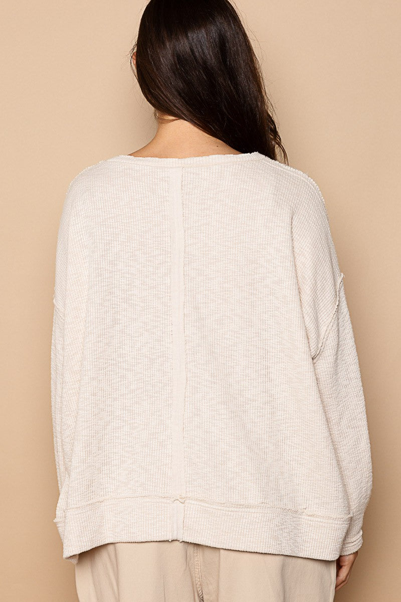 POL Button Detail Scoop Neck Tacked Sleeves Ribbed Top